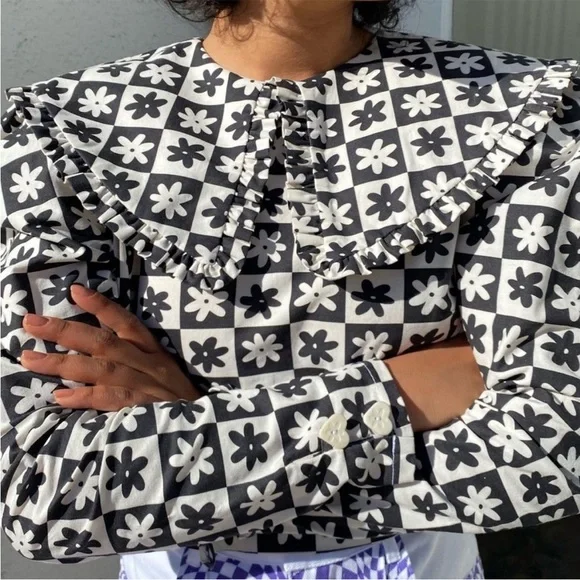 LISA SAYS GAH wendy daisy check black long sleeve blouse victorian size L - Picture 3 of 15